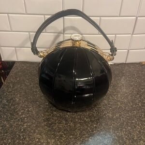 Black Round Hard Shell Evening Bag with Gold Hardware & Crystal Clasp